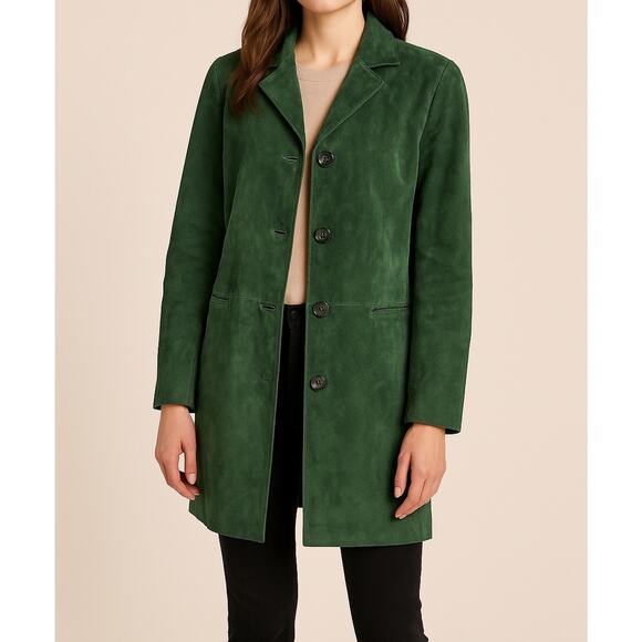 Dennis Basso Suede Leather Long Coat Jacket Green Button Front Women's Size M - Picture 1 of 9